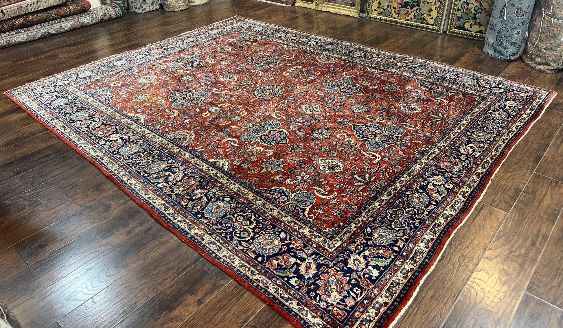 Persian Sarouk Rug 9x12, Red and Dark Blue Floral Allover Antique Persian Carpet, Handmade Wool Qazvin Rug - Nuvé