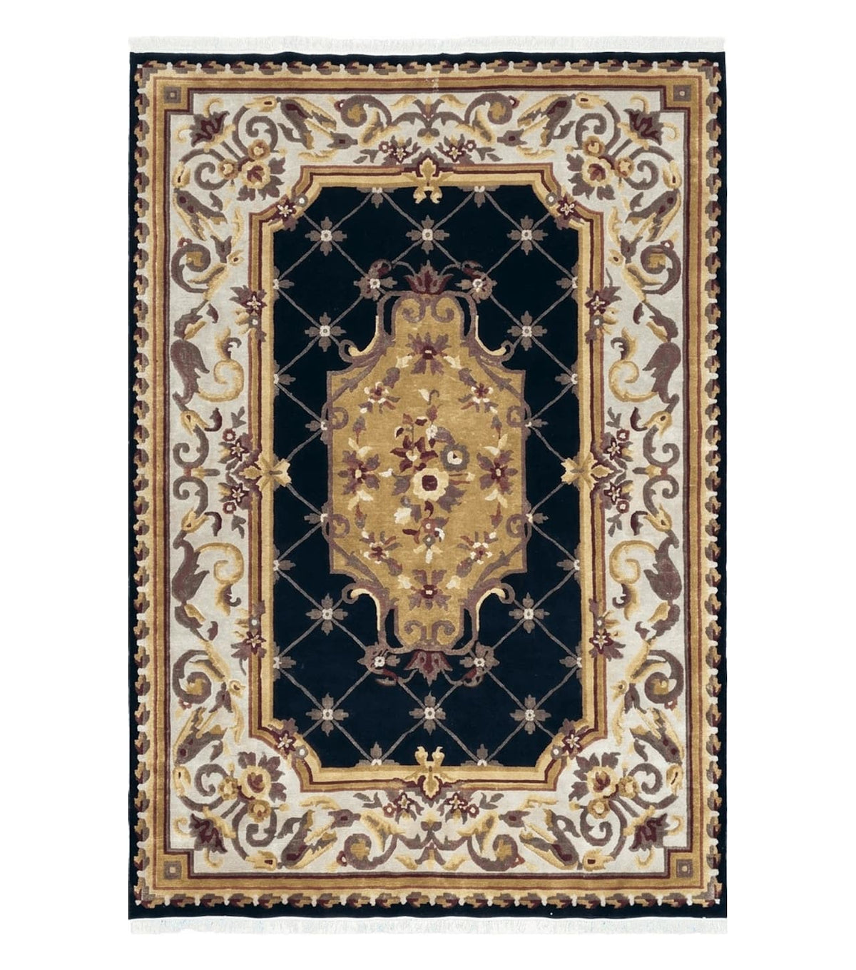 6x9 Nepalese Rug, Aubusson Savonnerie Area Rug 6 x 9 with Soft Pile, Hand-Knotted Wool Black & Beige Tibetan New Carpet European Design