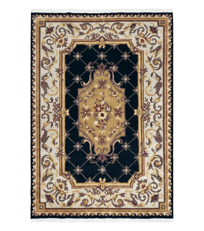 6x9 Nepalese Rug, Aubusson Savonnerie Area Rug 6 x 9 with Soft Pile, Hand-Knotted Wool Black & Beige Tibetan New Carpet European Design