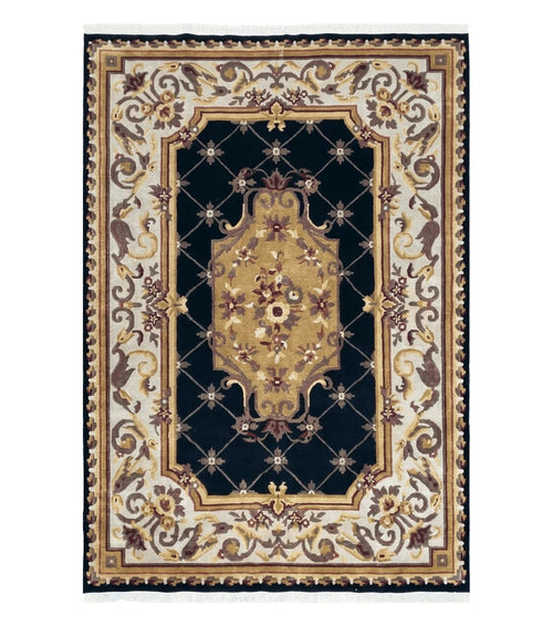 6x9 Nepalese Rug, Aubusson Savonnerie Area Rug 6 x 9 with Soft Pile, Hand-Knotted Wool Black & Beige Tibetan New Carpet European Design