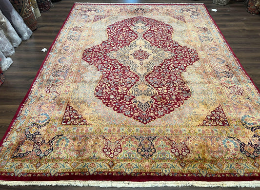 Persian Rug 9x12, Kirman DeLuxe, Millefleur Floral Medallion Carpet, Maroon Light Blue Beige, Semi Antique Authentic Hand Knotted Wool Rug - Nuvé