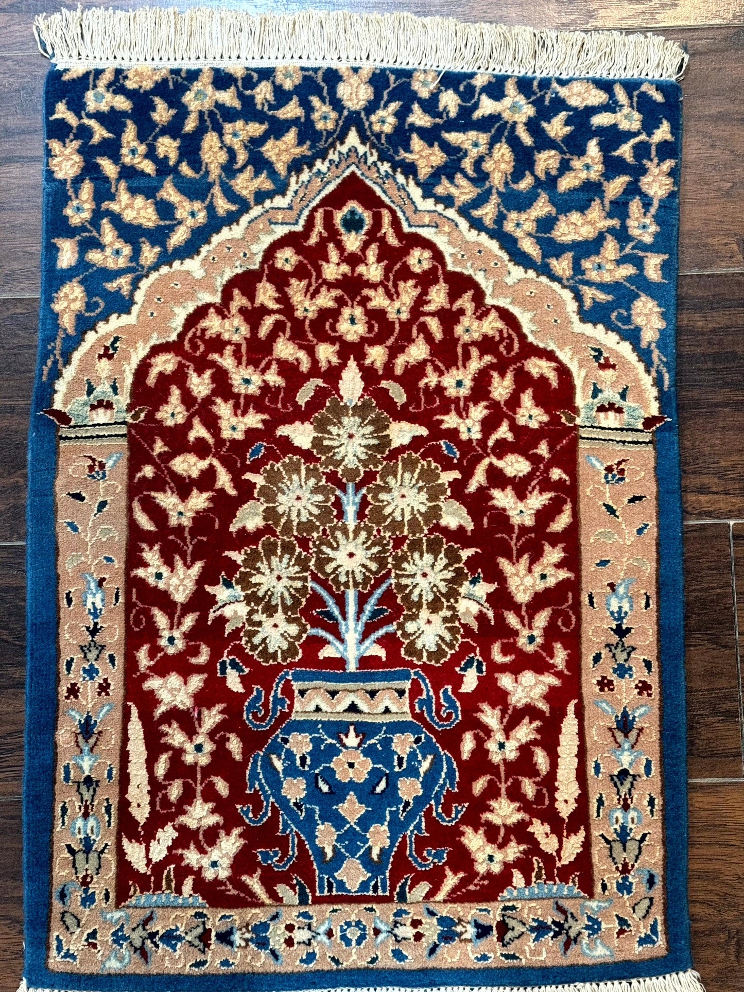 Small Persian Nain Rug, Persian Vase Tree of Life Design, Red and Blue, Very Fine 260 KPSI, Wool and Silk Highlights - Nuvé