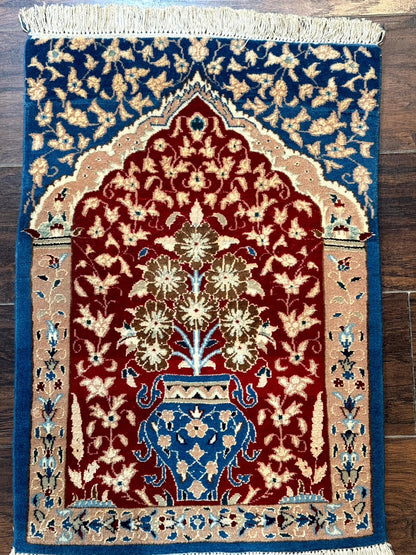 Small Persian Nain Rug, Persian Vase Tree of Life Design, Red and Blue, Very Fine 260 KPSI, Wool and Silk Highlights - Nuvé