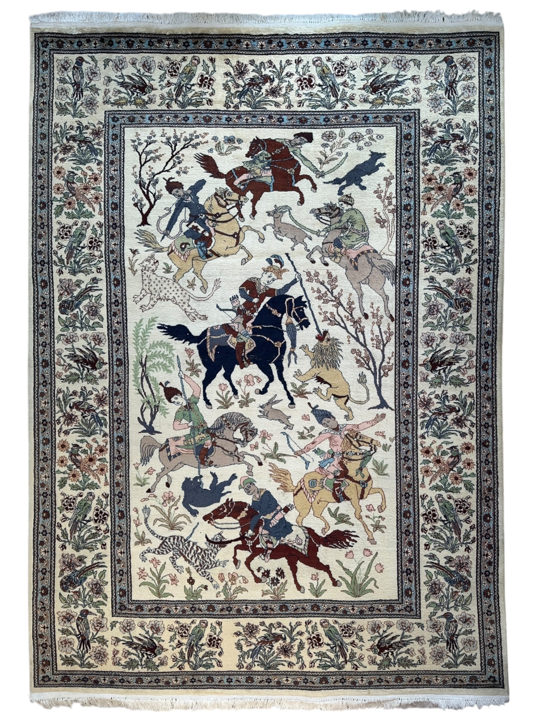 Hand-Knotted Lahore Hunting Scene Wool Rug – 8’ x 11’3” – Vintage 1950s Persian-Style Masterpiece - Nuvé