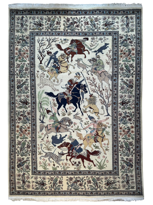 Hand-Knotted Lahore Hunting Scene Wool Rug – 8’ x 11’3” – Vintage 1950s Persian-Style Masterpiece - Nuvé