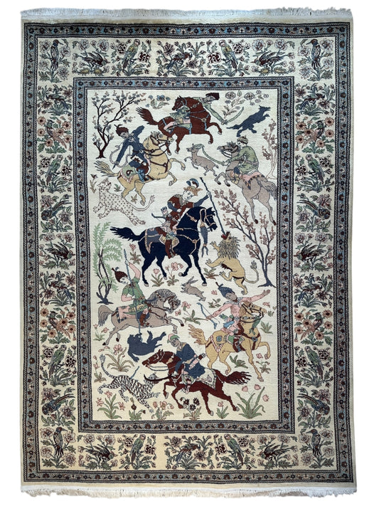 Hand-Knotted Lahore Hunting Scene Wool Rug – 8’ x 11’3” – Vintage 1950s Persian-Style Masterpiece - Nuvé