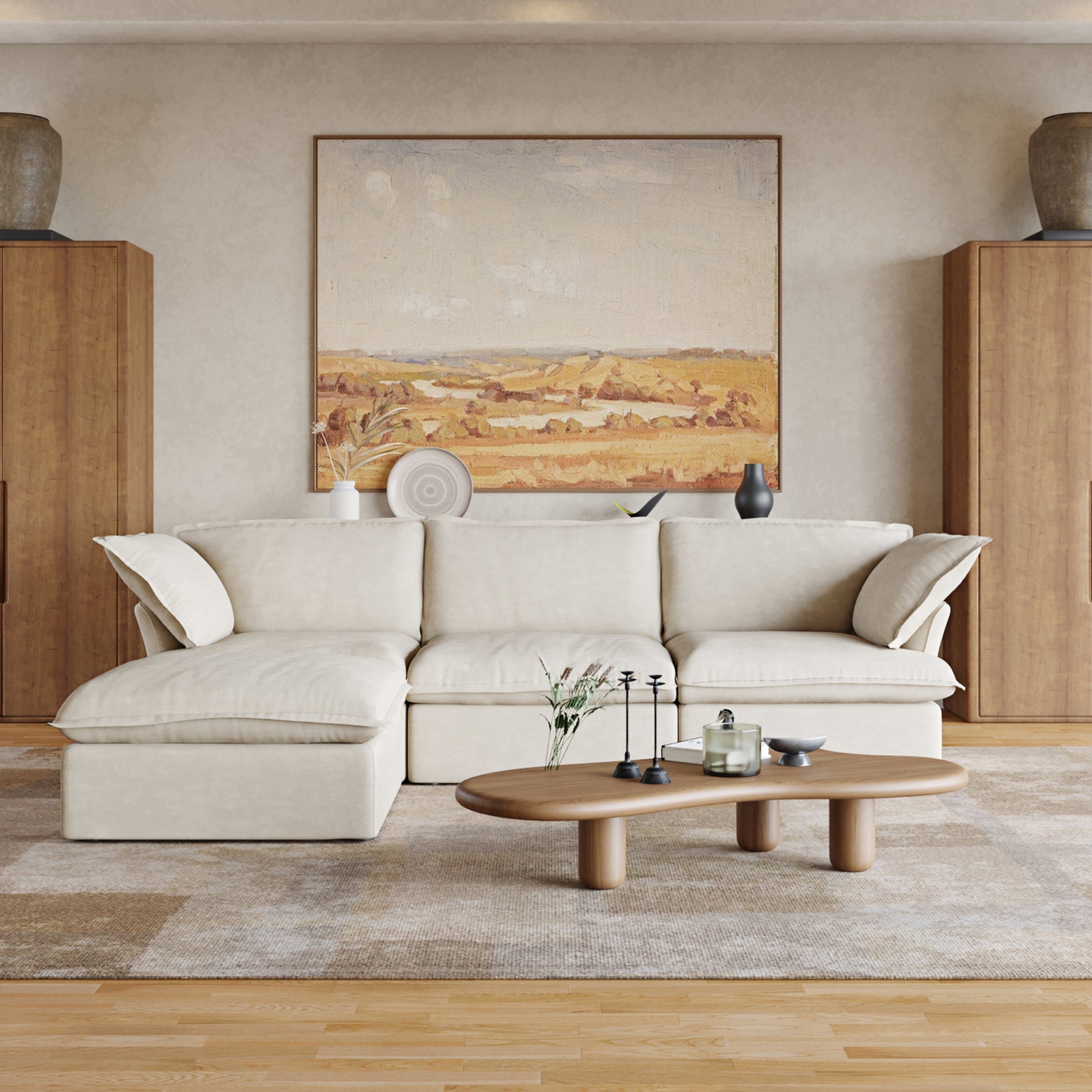 Sabi Modular Boucle Cloud Sofa - Beige - 3-Seater Sectional Sofa with Ottoman - Nuvé
