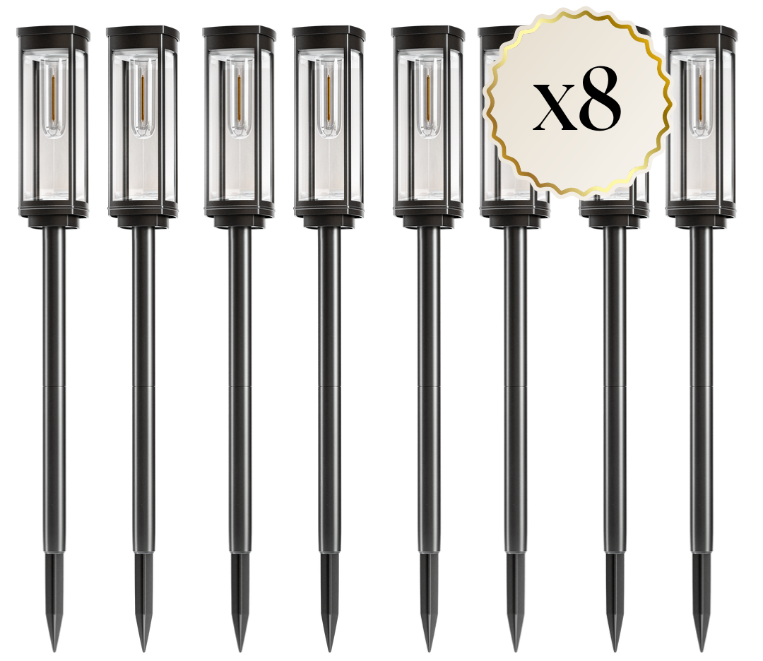 Set of eight solar-powered garden lights with a label indicating 'x8'.