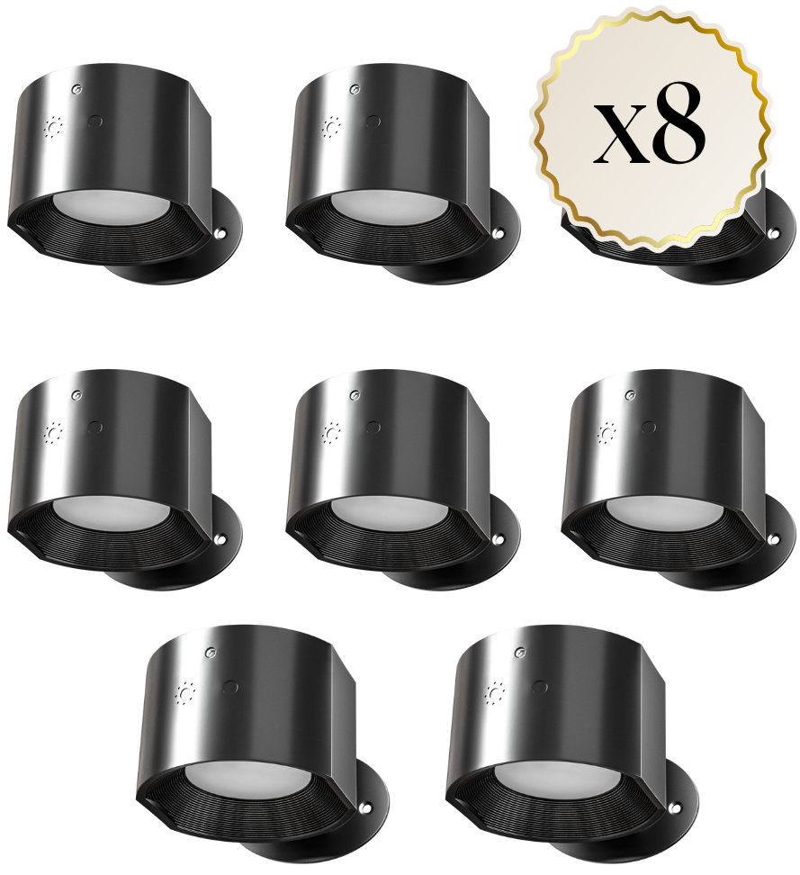 Set of eight black cylindrical wall lights on a white background