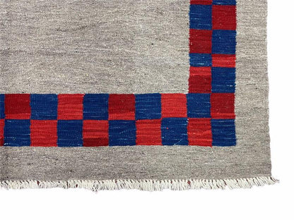 5' 7" x 7' 9" Geometric Kilim Carpet, Gray, Handmade, Hand-Knotted Area Rug, Blue & Red, Flatweave, Wool, New, Checkerboard Pattern