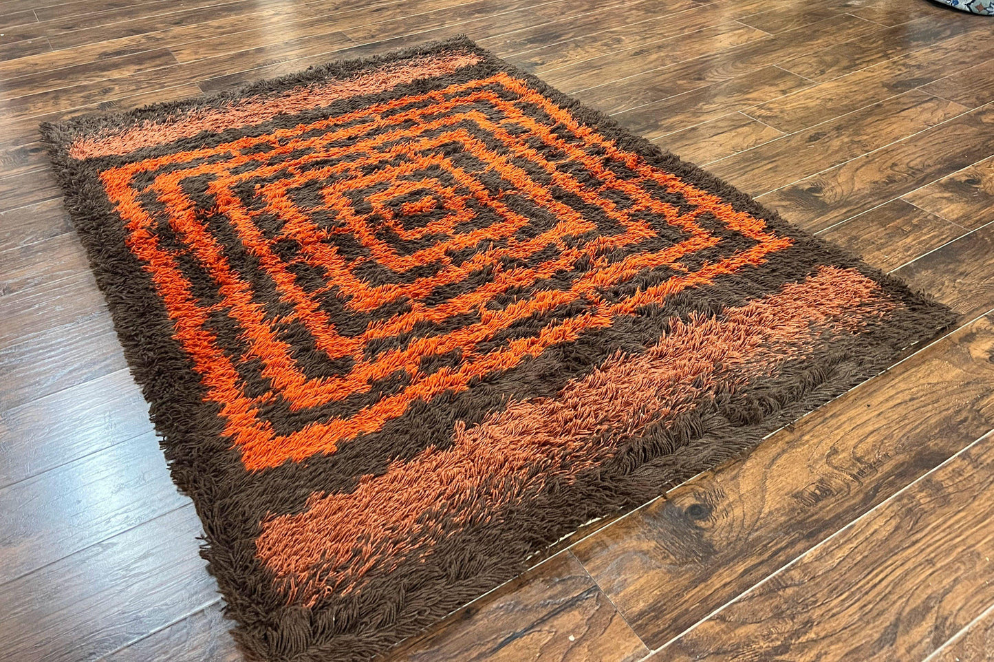 Vintage Rya Shag Rug 4.6 x 6.6, Abstract Design, Brown and Orange, Mid Century Danish Rya Carpet - Nuvé