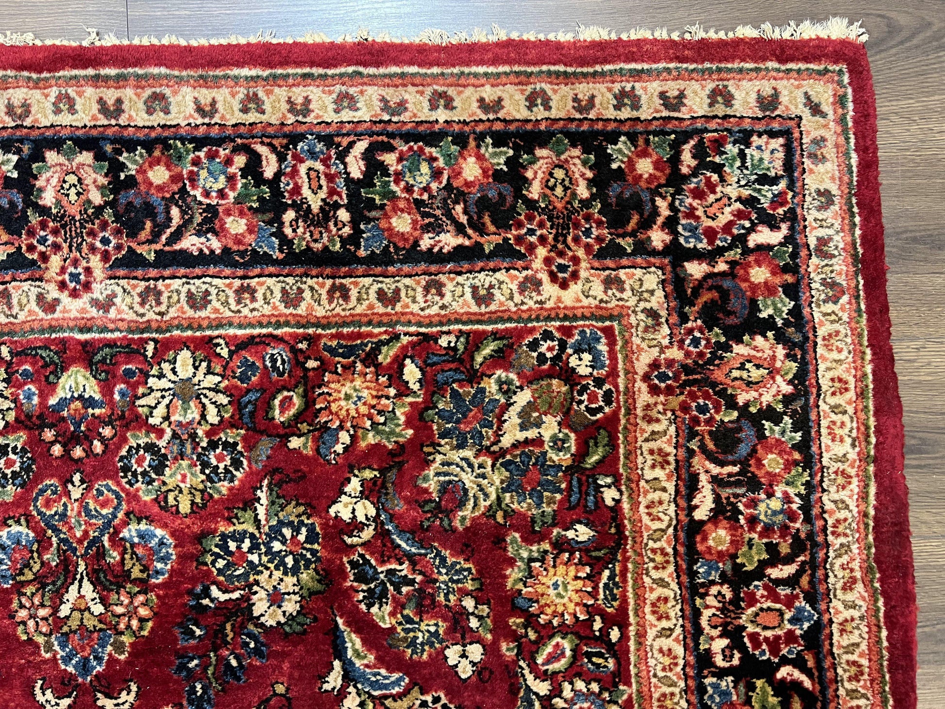 Rare Persian Almost Square Rug 6.3 x 5.3, Hand Knotted Wool Antique 1920s Sarouk Oriental Carpet, Red Navy Blue Beige, Floral Allover, 5x6 Area Rug - Nuvé