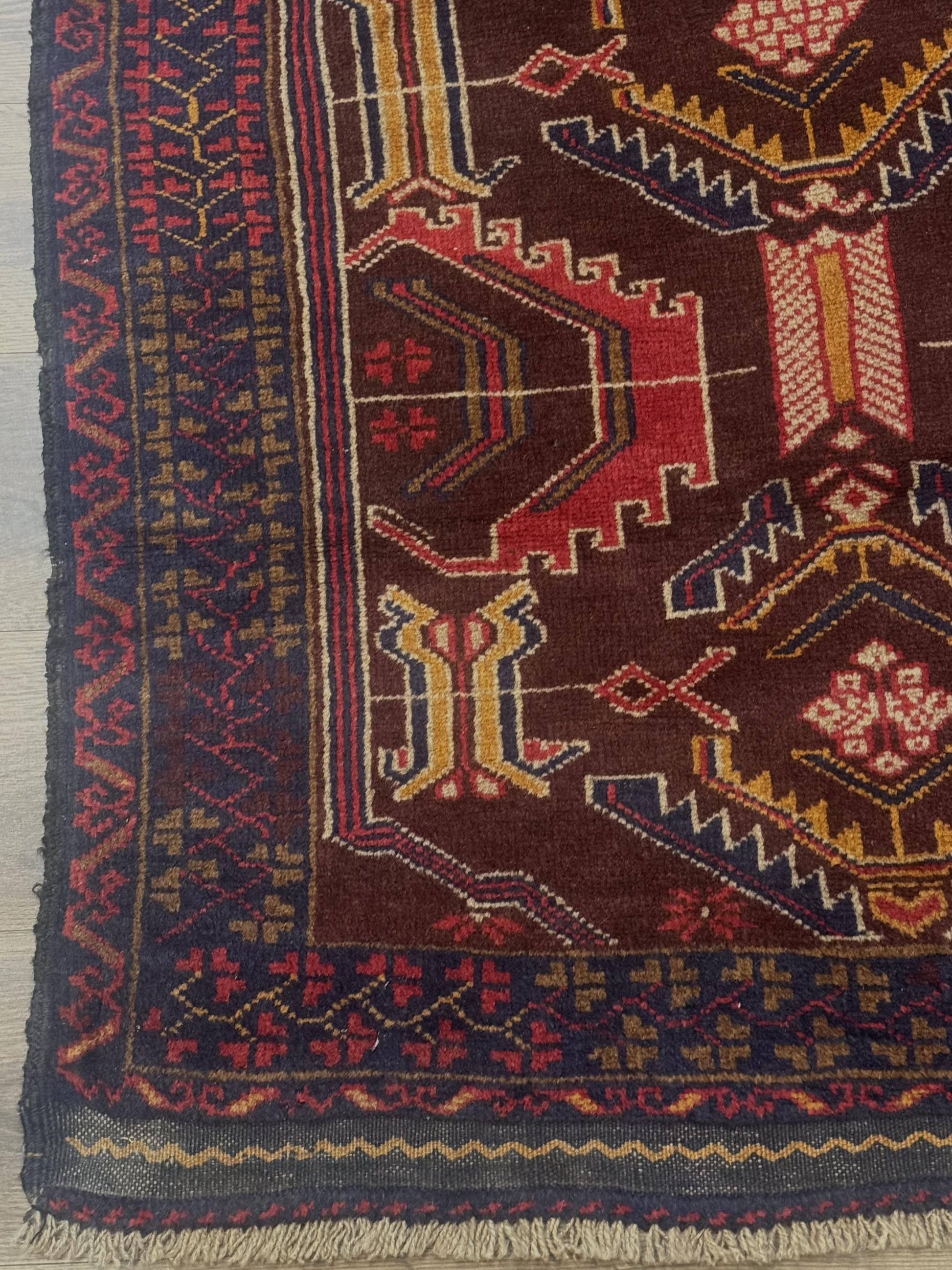 Afghan Rug 3x7, Maroon and Navy Blue, Balouch Carpet, Tribal Rug, New - Nuvé