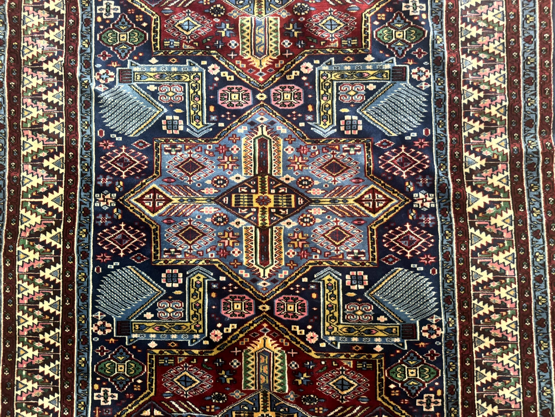 Indian Rug with Caucasian Design, 4x6 Geometric Carpet, Navy Blue and Cream - Nuvé