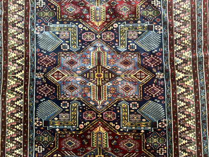 Indian Rug with Caucasian Design, 4x6 Geometric Carpet, Navy Blue and Cream - Nuvé
