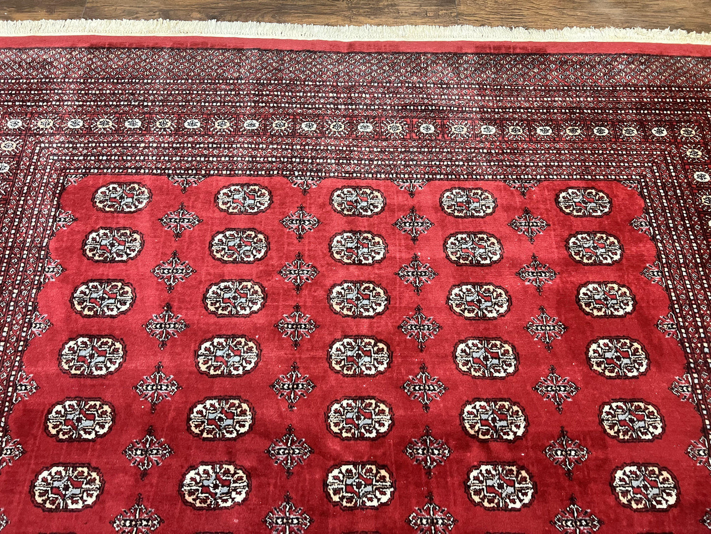 Turkoman Rug 8 x 11.6, Red Bokhara Pakistani Carpet, Wool Handmade Vintage Rug - Nuvé