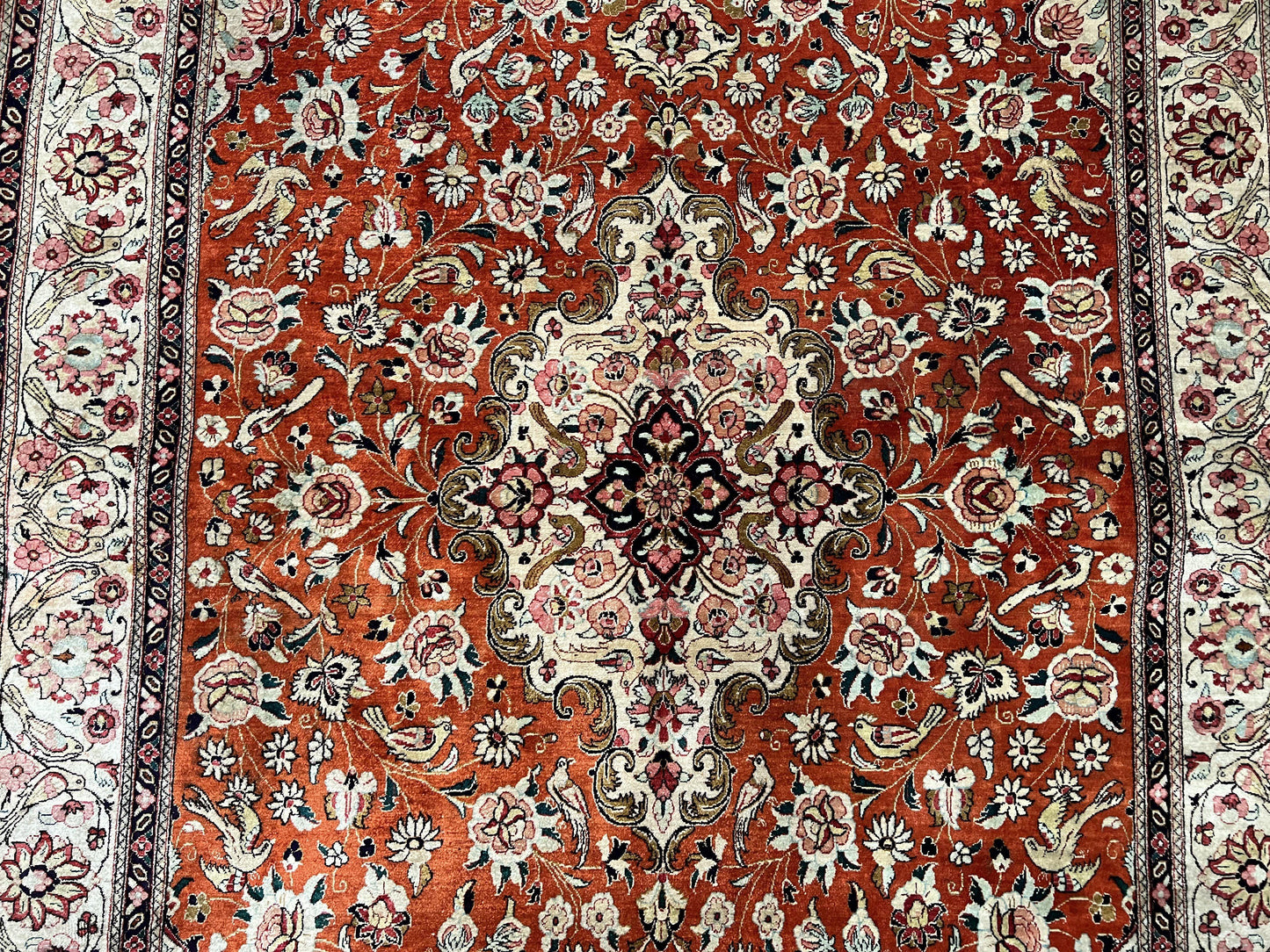 Persian Qum Silk Rug 5x7 - Floral Medallion, Birds, Orange-Red - Nuvé