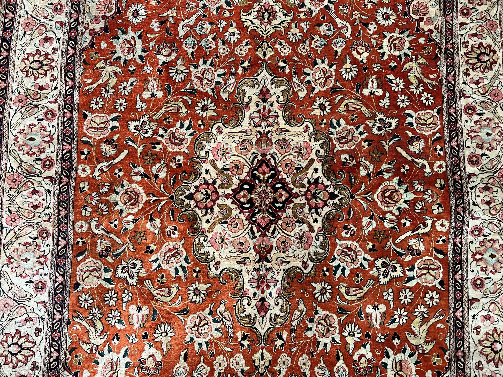 Persian Qum Silk Rug 5x7 - Floral Medallion, Birds, Orange-Red - Nuvé