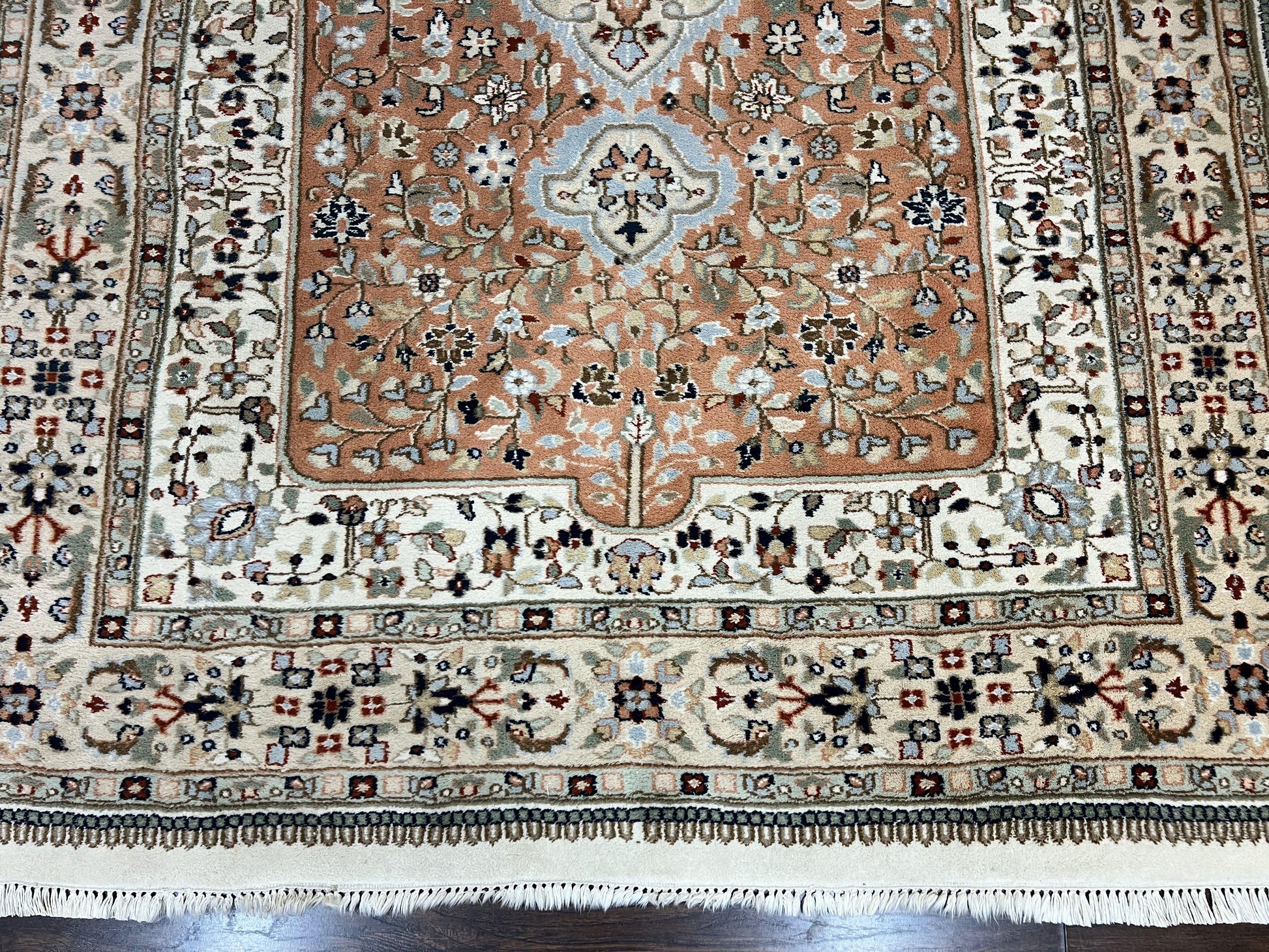 Indo Persian Rug 6x9, Wool Hand Knotted Vintage Carpet, Salmon & Ivory, Traditional Oriental Rug 6 x 9 - Nuvé