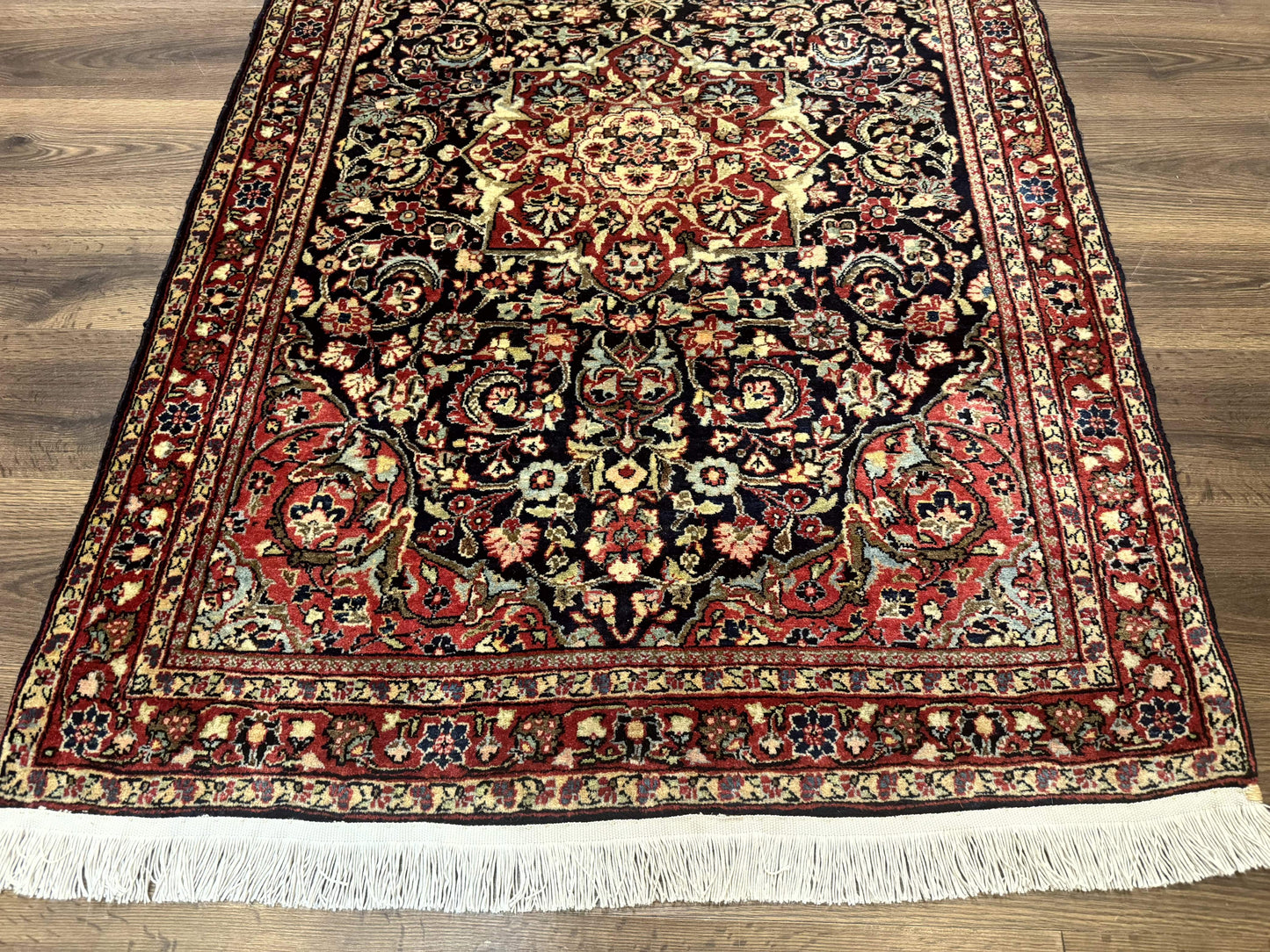 Antique Persian Sarouk Rug 4x5, Dark Blue and Red, Floral Medallion, Fine - Nuvé