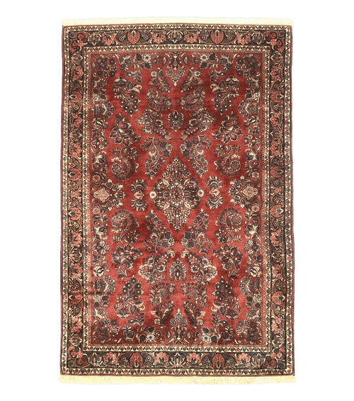 Antique Persian Sarouk Rug 4x7, Hand Knotted Wool Red Persian Carpet, Floral