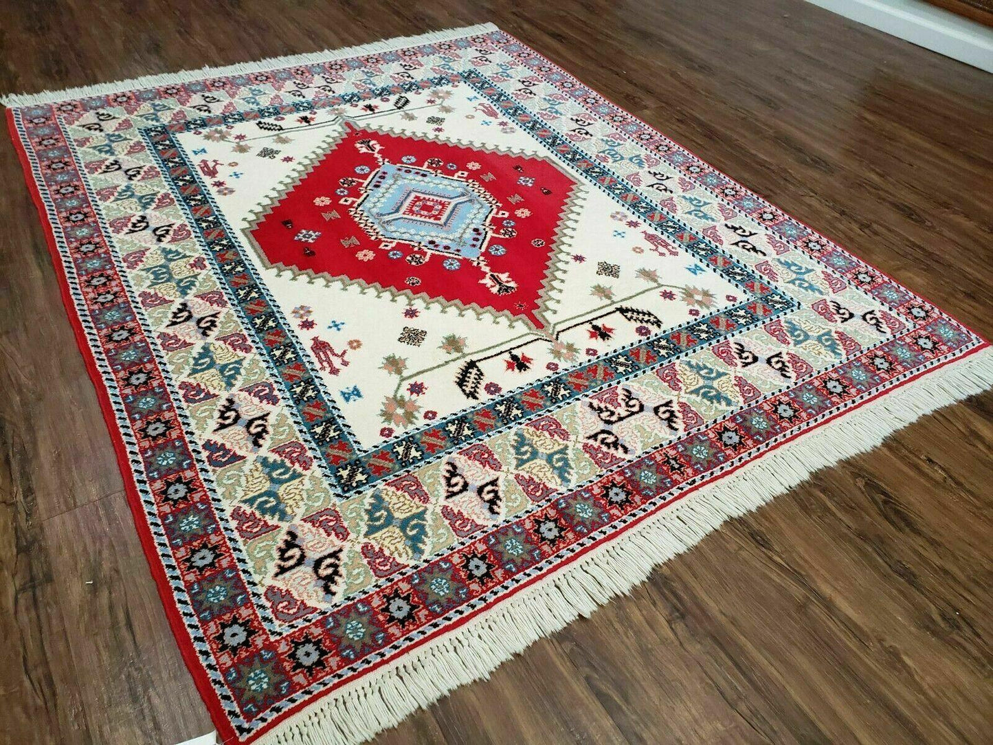 Vintage Moroccan Carpet 5x7 Area Rug, Berber Rug, Handmade Soft Wool Rug, Red Ivory and Blue, Geometric Medallion Rug, Bohemian Rug, Nice - Nuvé