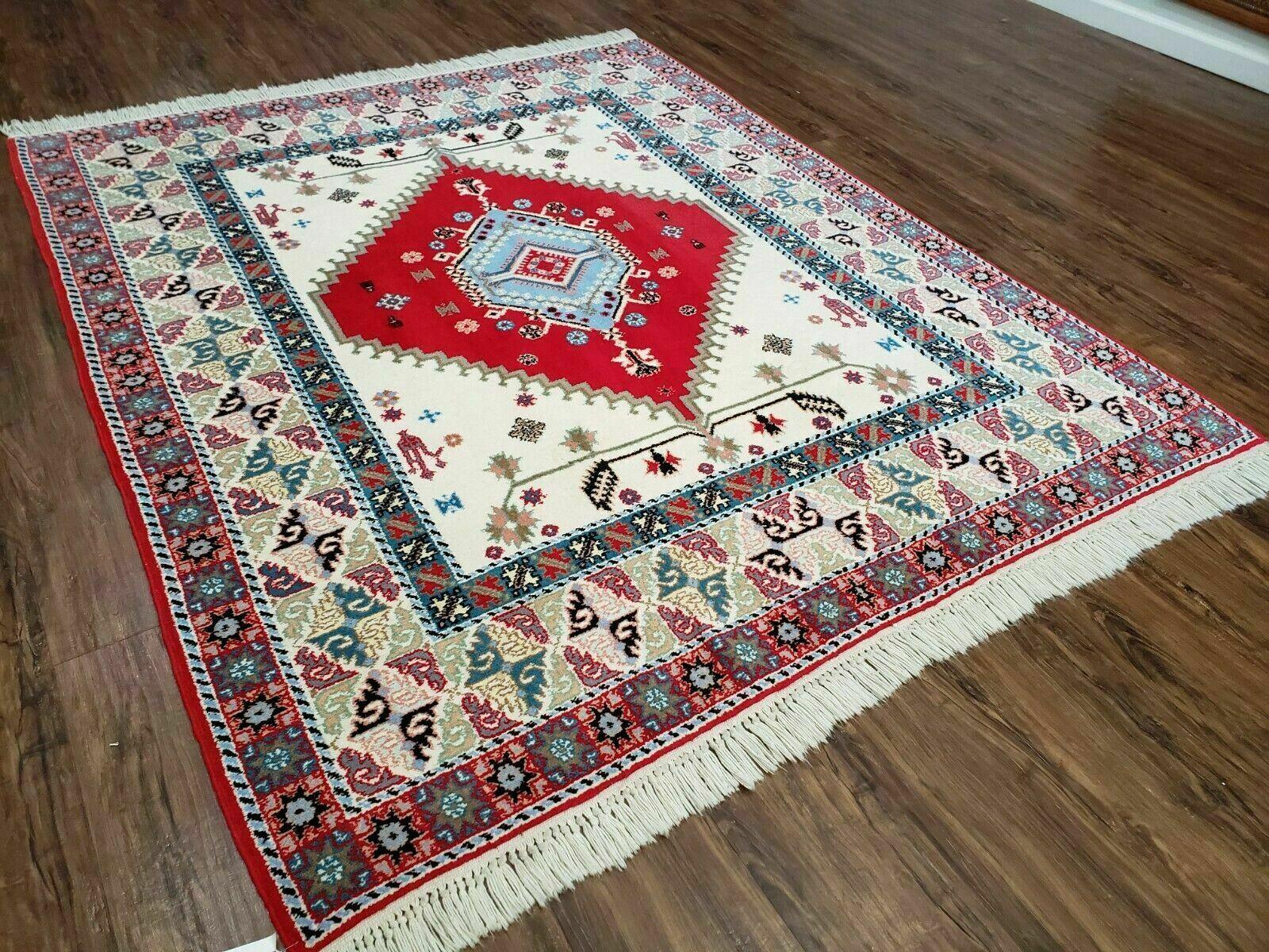 Vintage Moroccan Carpet 5x7 Area Rug, Berber Rug, Handmade Soft Wool Rug, Red Ivory and Blue, Geometric Medallion Rug, Bohemian Rug, Nice - Nuvé