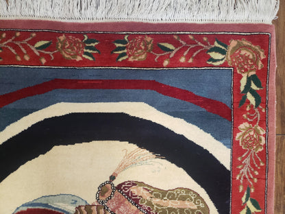 Vintage Small Pictorial Lovers Rug 2.5 x 4, Taj Mahal Indo Persian Rug, Wool Hand-Knotted Indian Rug, King & Queen, Layla and Majnun - Nuvé