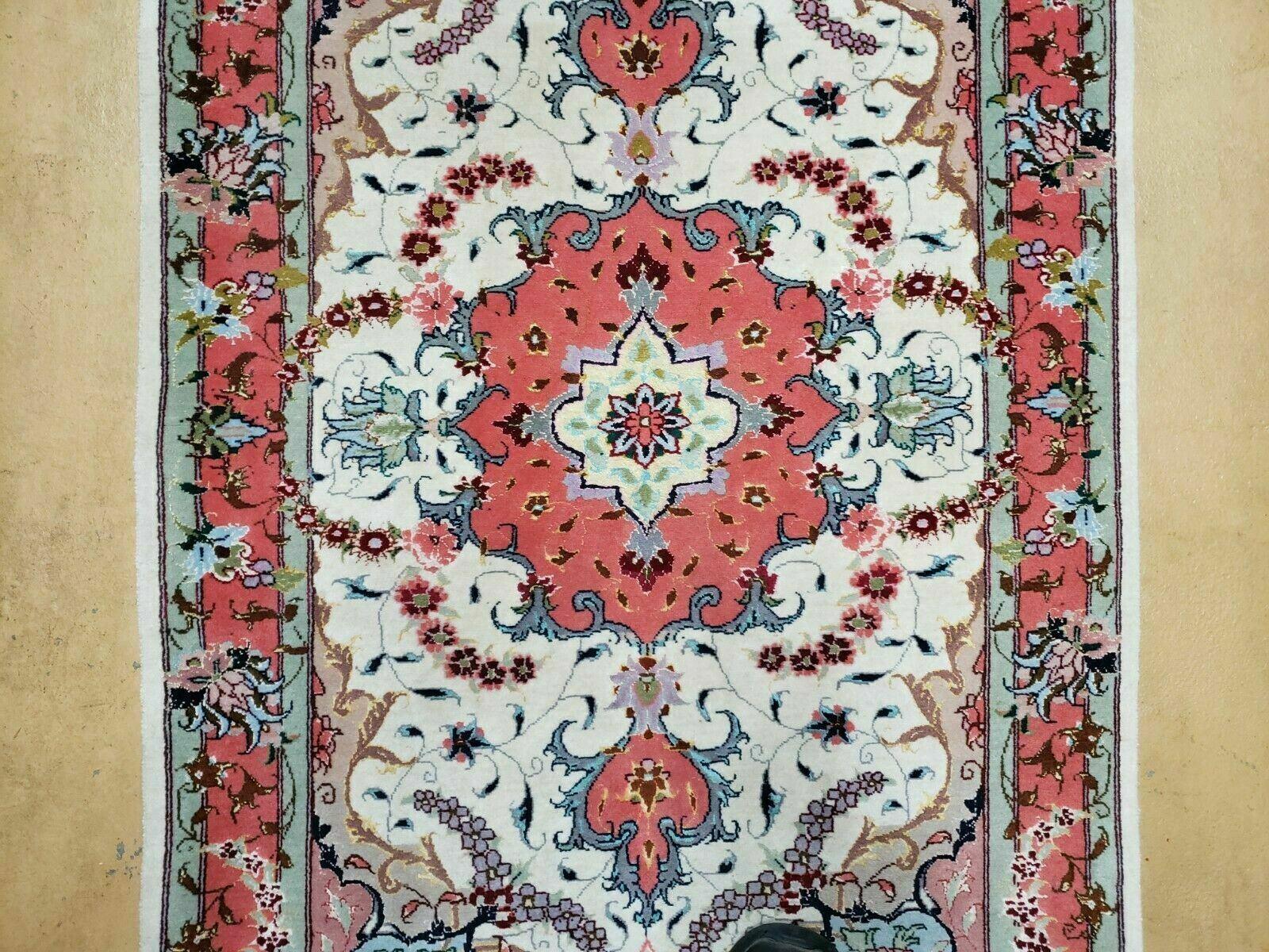 Small Vintage Persian Tabriz Wool and Silk Rug 2.5 x 4 ft, Very Finely Hand Knotted, Medallion, Ivory Salmon Light Blue, Top Quality, Pair B - Nuvé