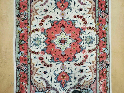 Small Vintage Persian Tabriz Wool and Silk Rug 2.5 x 4 ft, Very Finely Hand Knotted, Medallion, Ivory Salmon Light Blue, Top Quality, Pair B - Nuvé