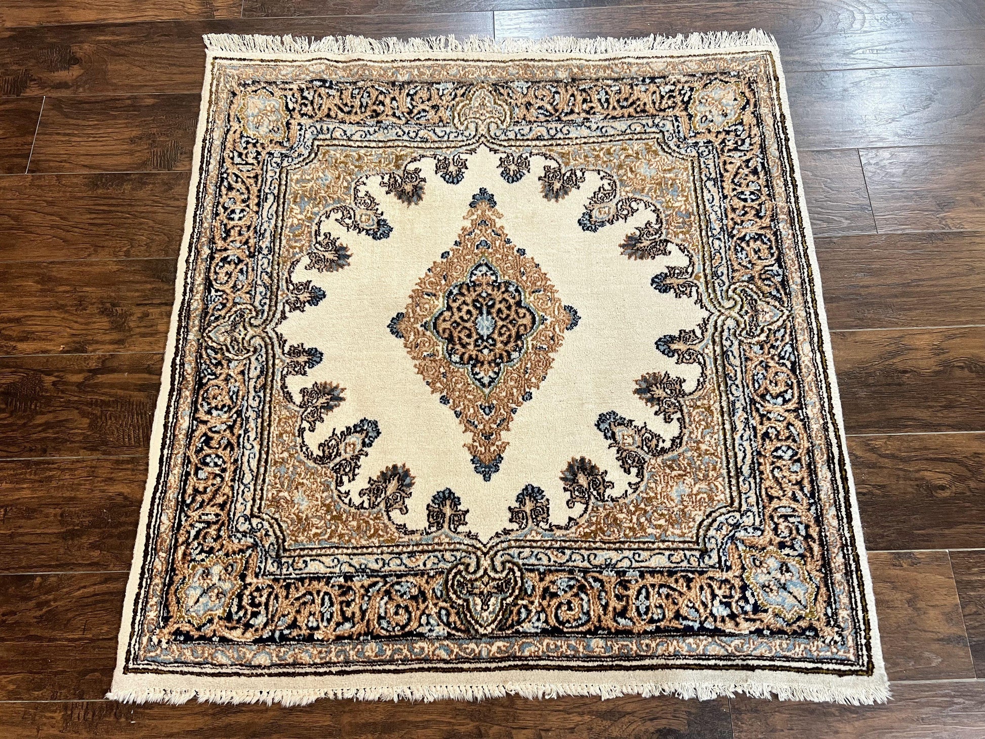 Square Persian Kirman Rug 4x4, Semi Open Field, Handmade - Nuvé