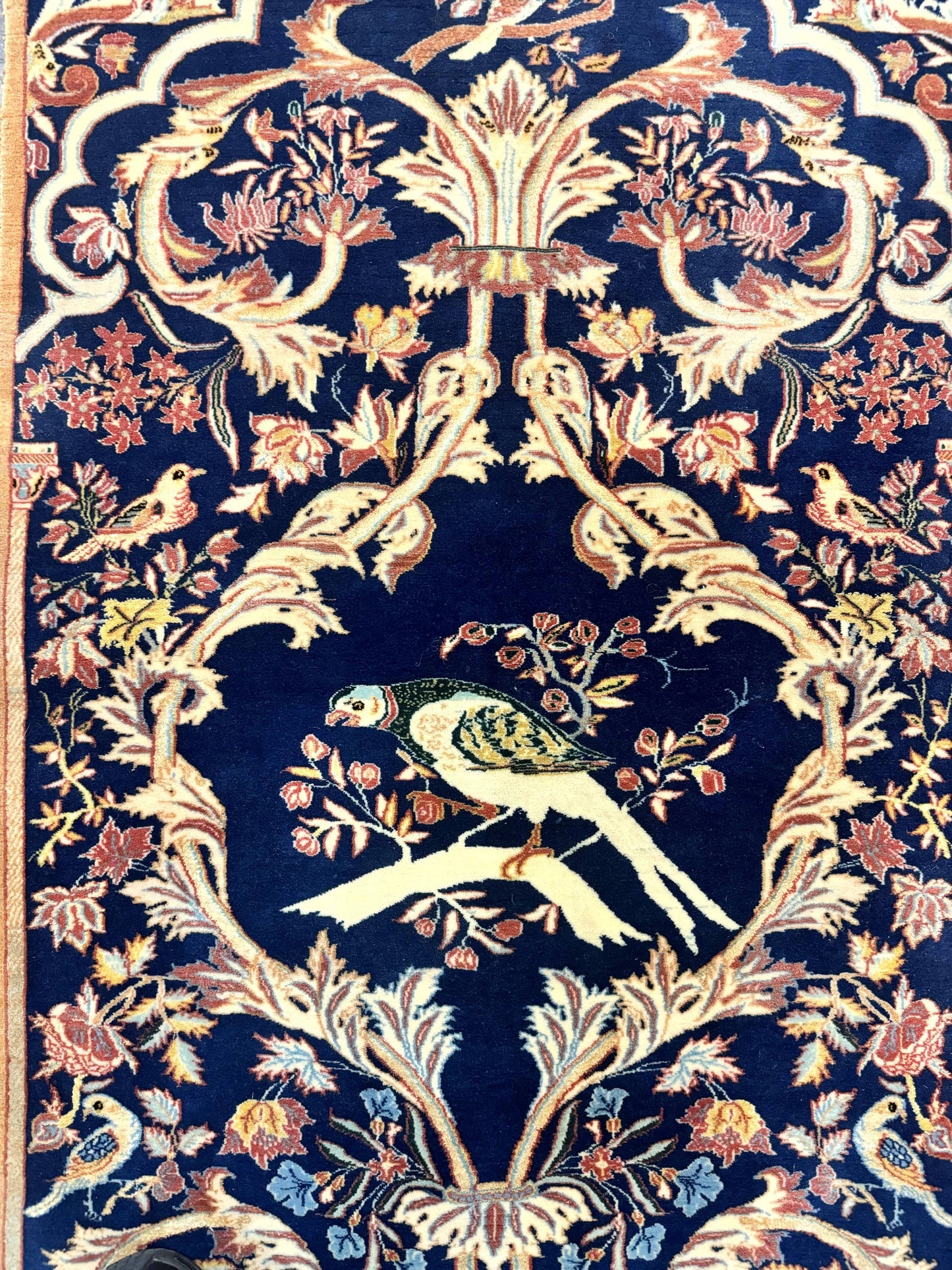 Persian Isfahan Rug 2x4, Birds, Navy Blue, Kork Wool on Silk Foundation, 460 KPSI - Nuvé