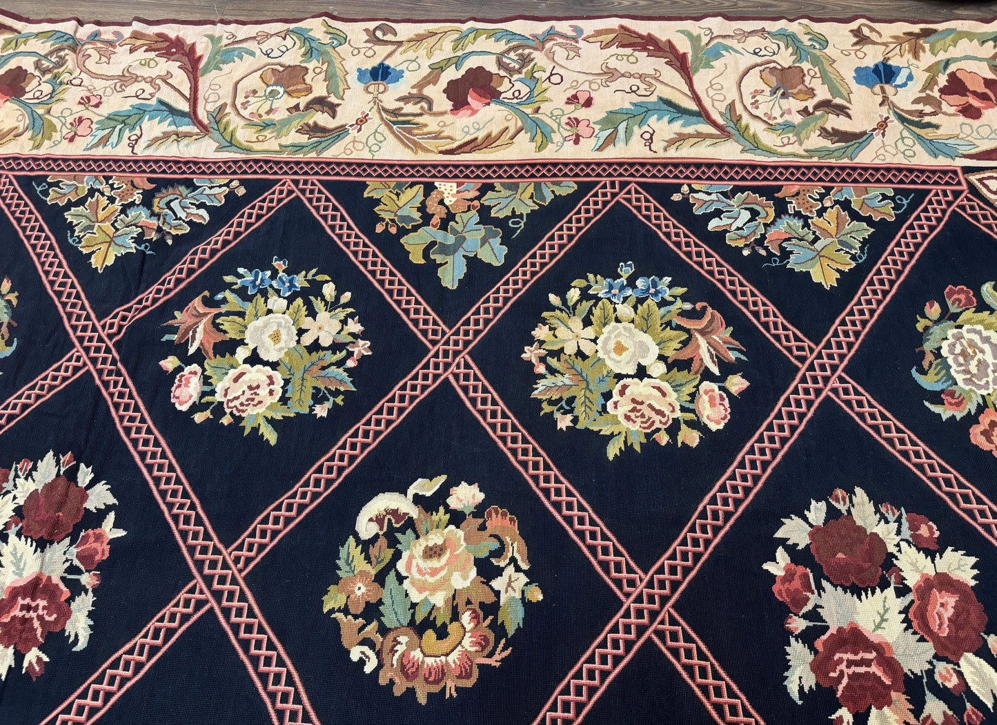 Palace Size Needlepoint Rug 12x20, European French English Aubusson Floral Design, Black and Beige - Nuvé
