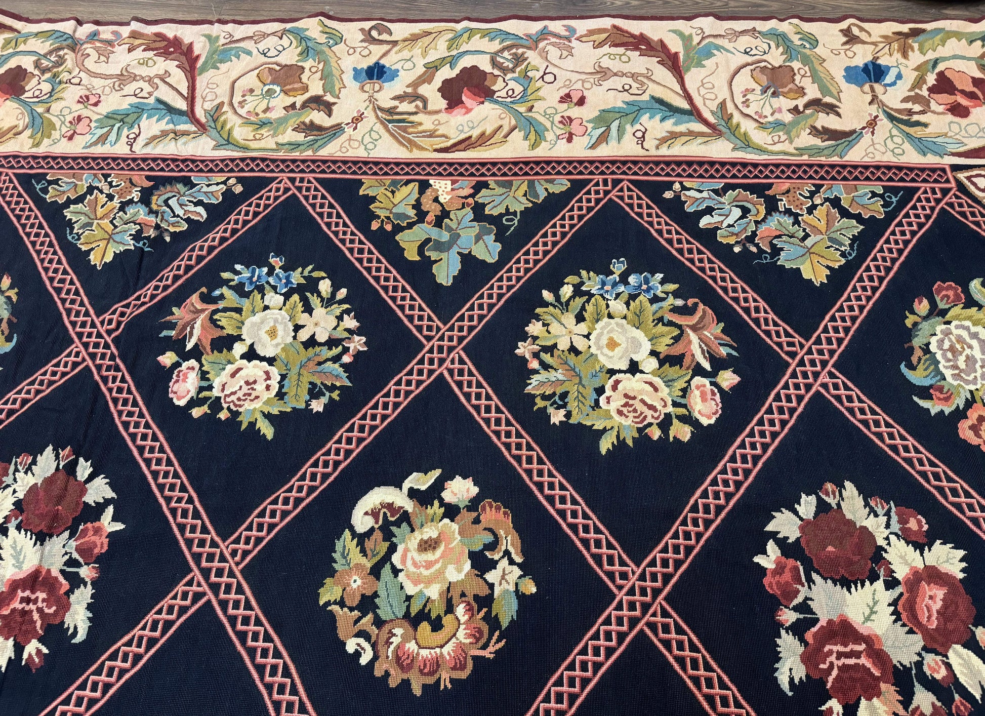 Palace Size Needlepoint Rug 12x20, European French English Aubusson Floral Design, Black and Beige - Nuvé