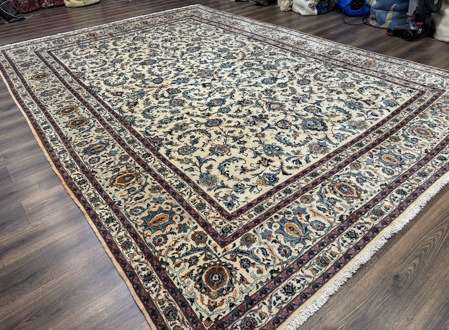 Persian Kashan Rug 10x14, Bone - Beige and Blue, Allover Pattern, Traditional Persian Carpet, Fine 260 KPSI - Nuvé
