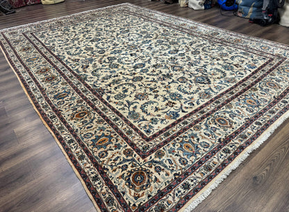 Persian Kashan Rug 10x14, Bone - Beige and Blue, Allover Pattern, Traditional Persian Carpet, Fine 260 KPSI - Nuvé