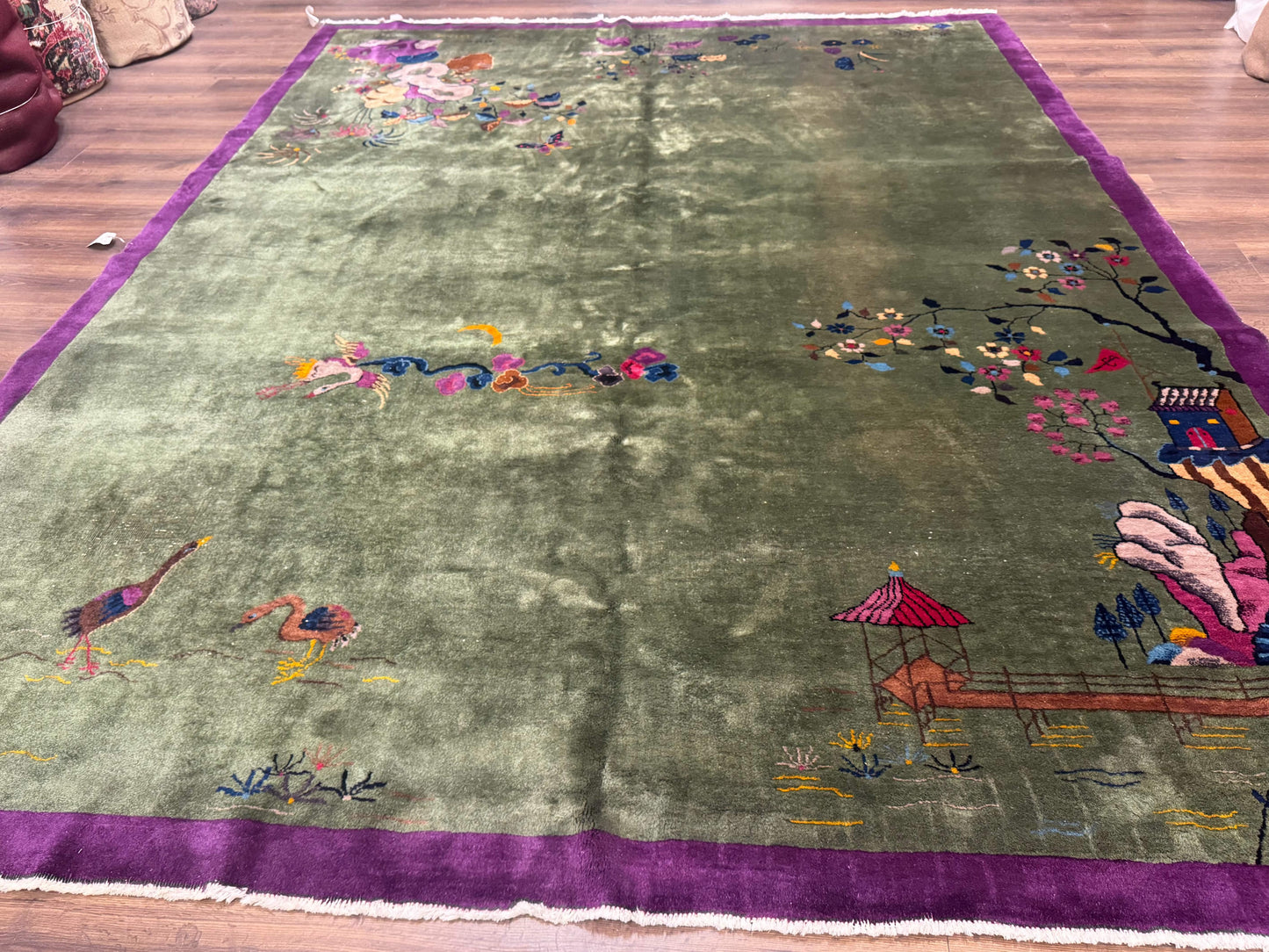 Antique Chinese Nichols Rug 9x12 - Rare Green and Purple Art Deco Carpet - Nuvé