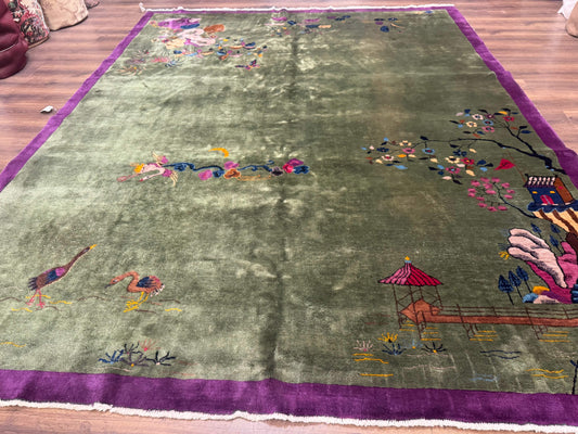 Antique Chinese Nichols Rug 9x12 - Rare Green and Purple Art Deco Carpet - Nuvé