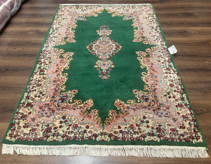 Green Persian Kerman Rug 4x6, Semi Open Field, Green & Cream, Vintage - Nuvé