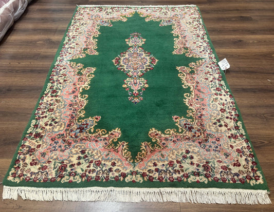 Green Persian Kerman Rug 4x6, Semi Open Field, Green & Cream, Vintage - Nuvé