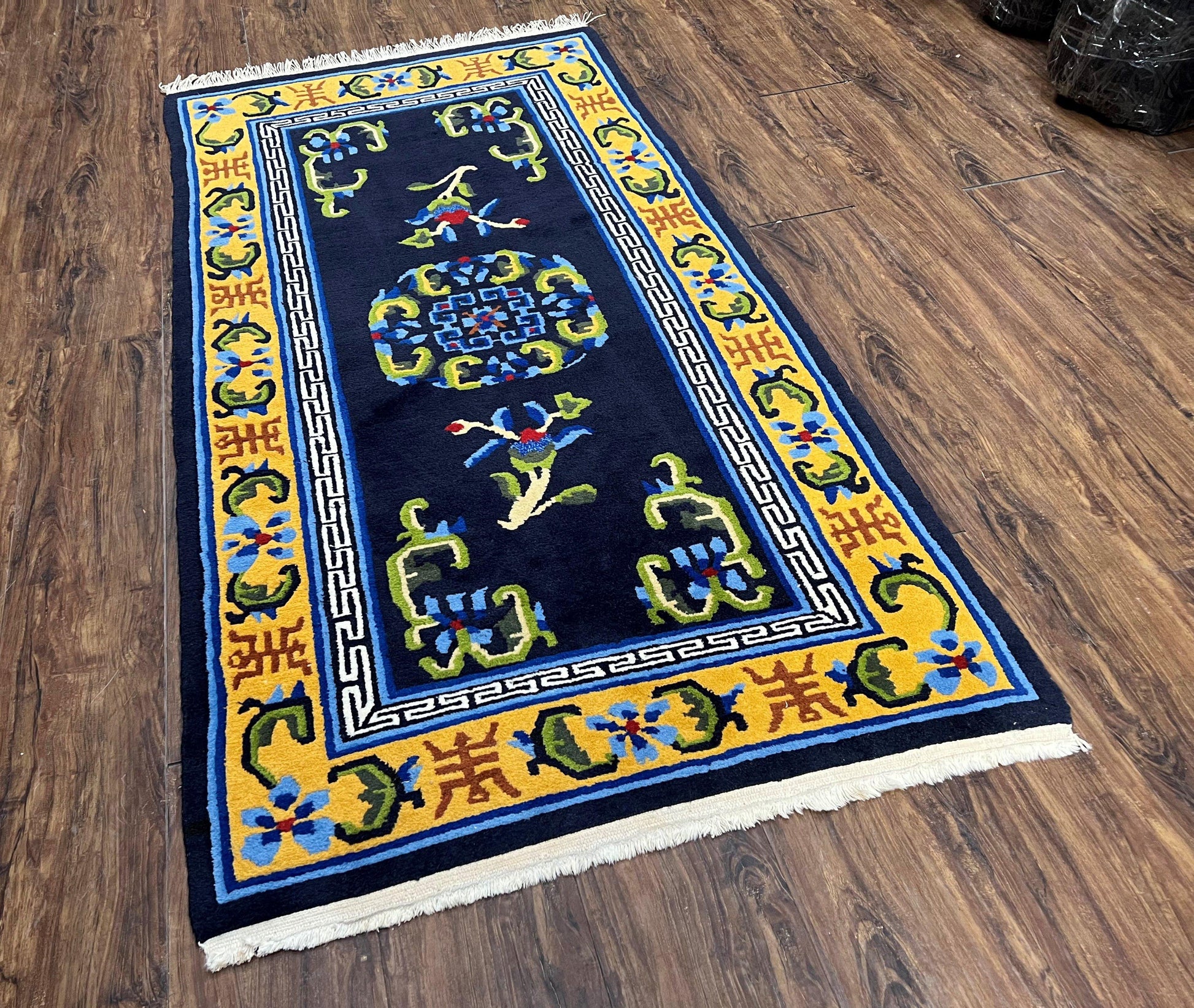 Chinese Art Deco Rug 3 x 5.9, Handmade Chinese Peking Carpet, Dark Blue and Gold, Medallion, Asian Oriental 3x6 Hand Knotted Vintage Rug - Nuvé