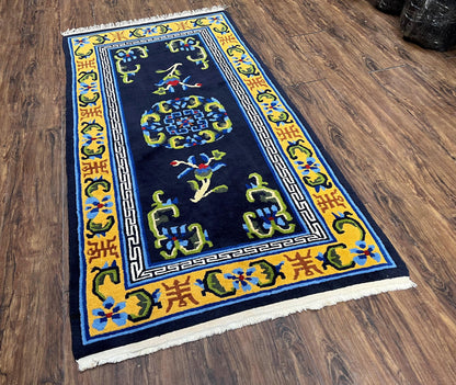Chinese Art Deco Rug 3 x 5.9, Handmade Chinese Peking Carpet, Dark Blue and Gold, Medallion, Asian Oriental 3x6 Hand Knotted Vintage Rug - Nuvé