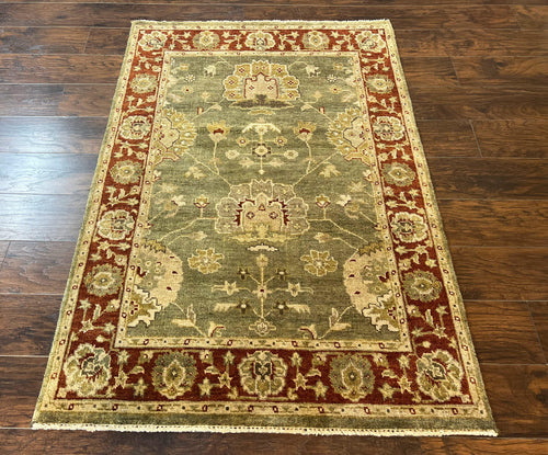 Indo Oushak Rug 4x6, Green and Maroon, Vintage Wool Floral Rug, Indian Agra Rug - Nuvé