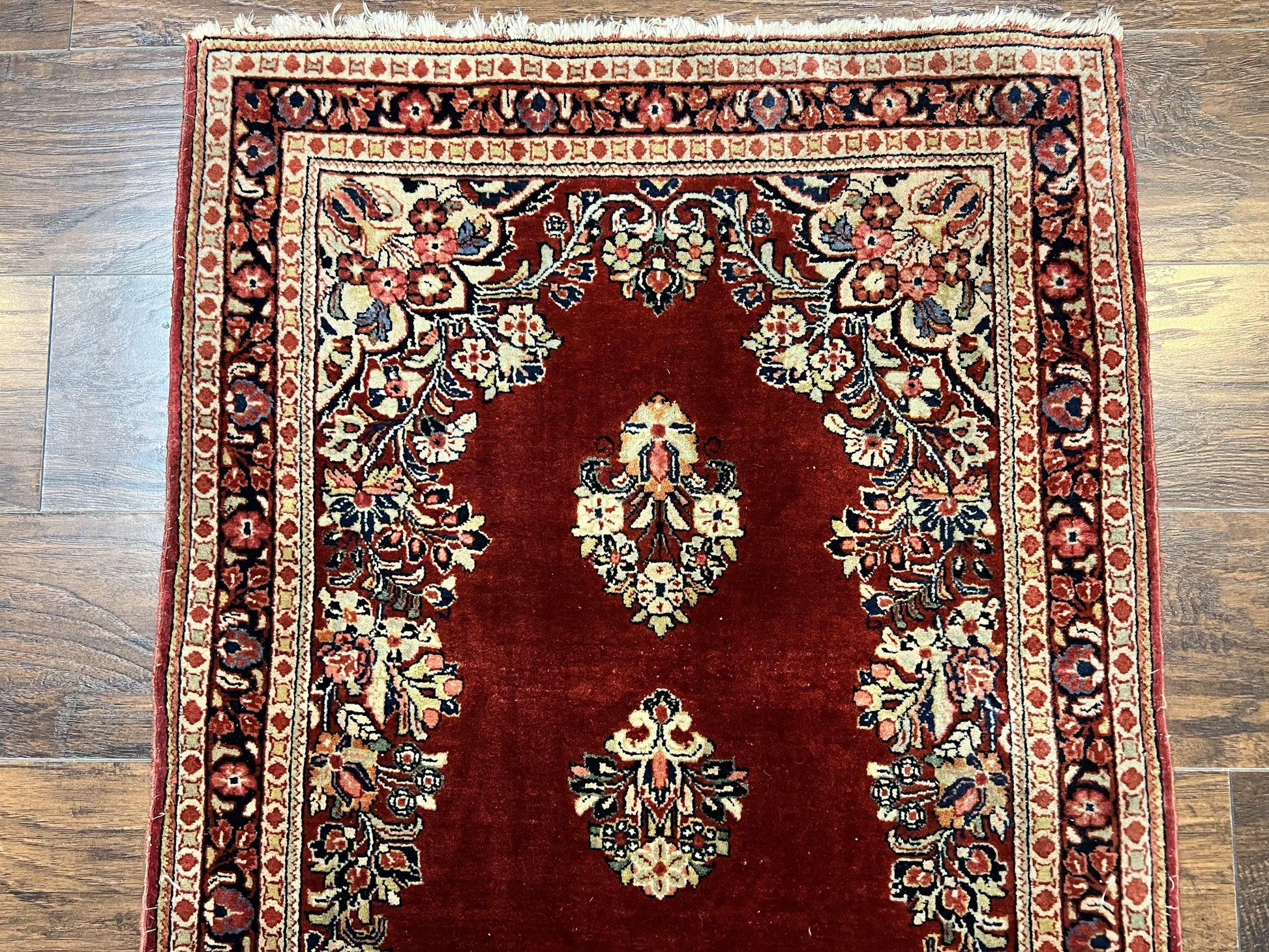 Persian Sarouk Runner Rug 2.7 x 6, Semi Open Field, Red, Handmade Hand Knotted, Wool Oriental Carpet, Vintage Semi Antique - Nuvé