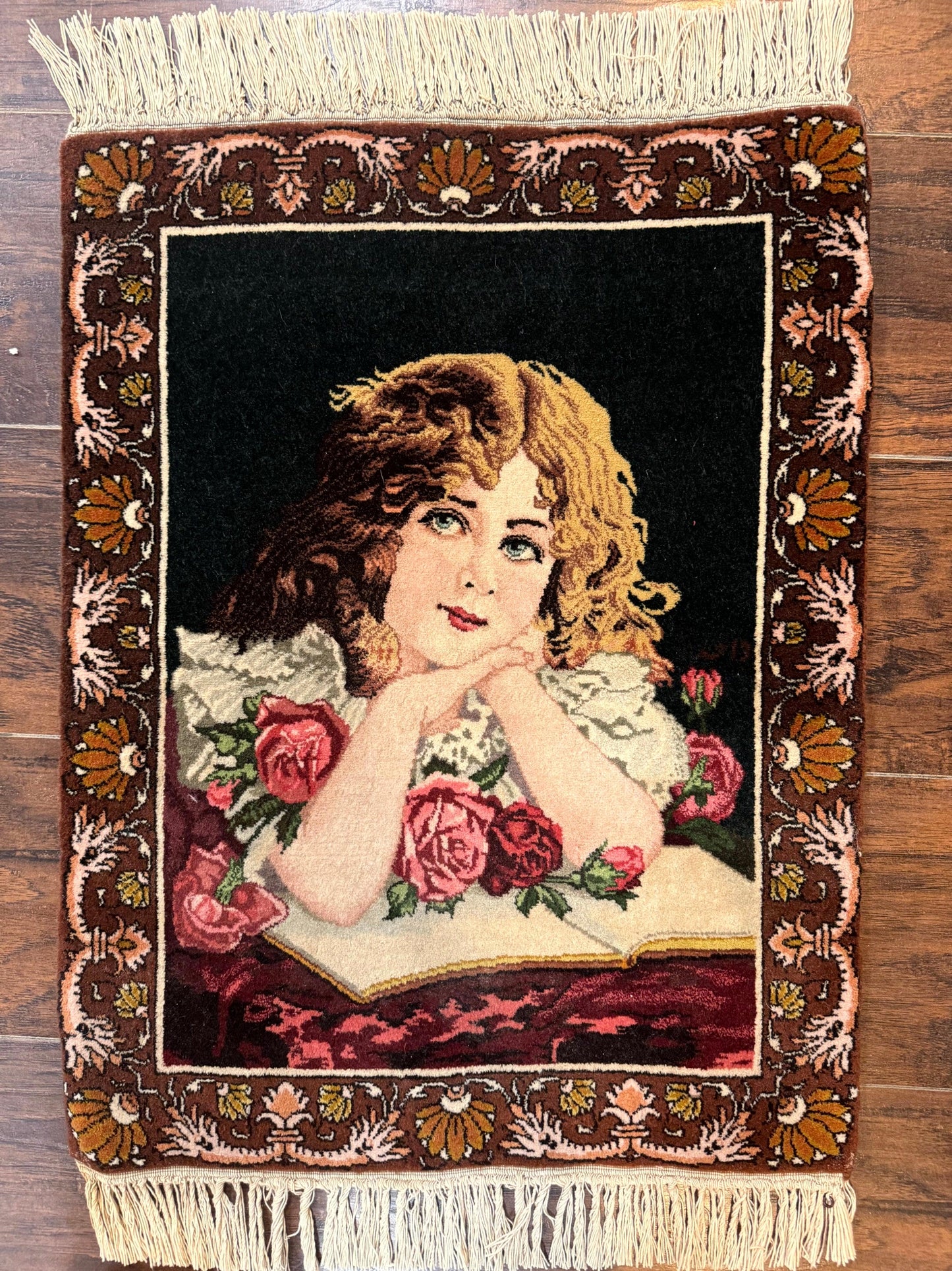Small Persian Tabriz Pictorial Rug of Young Girl, Very Fine 380 KPSI, Portrait of Young Lady with Roses, Handmade, Persian Rug for Wall Hanging - Nuvé