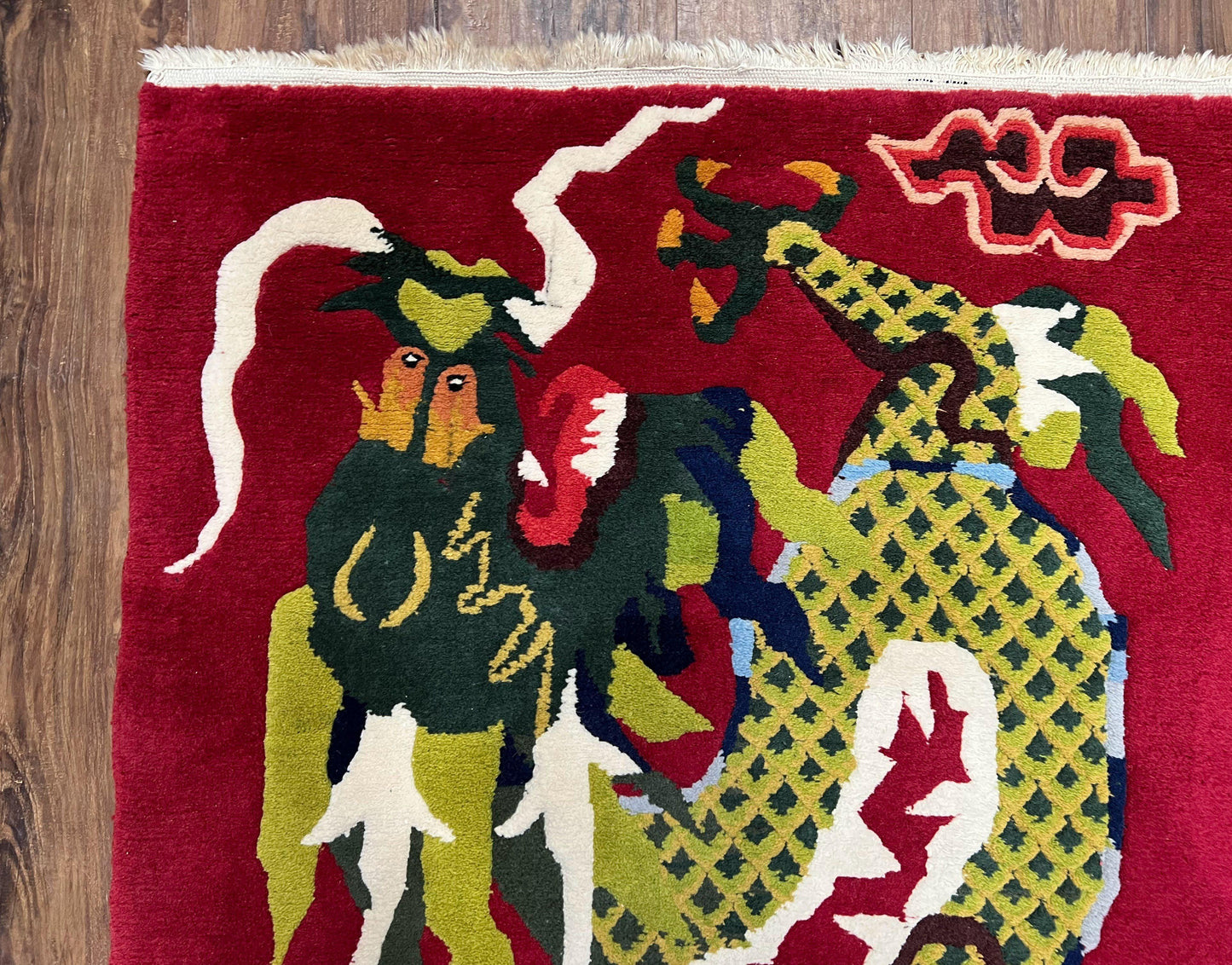 Vintage Chinese Dragon Rug 3 x 6.8, Handmade Hand Knotted Red Chinese Carpet with Gold Dragon, Art Deco Peking Soft Chinese Rug Runner - Nuvé