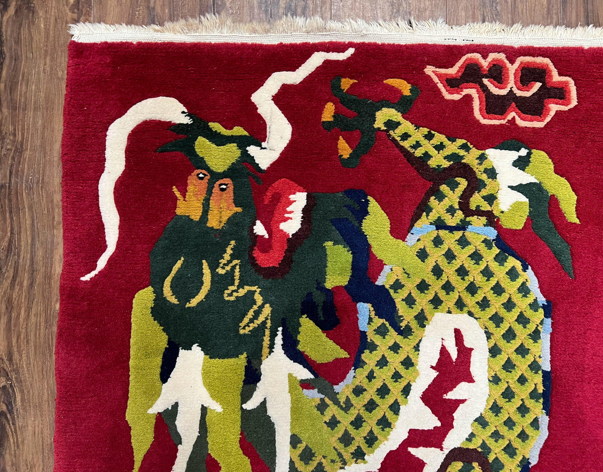 Vintage Chinese Dragon Rug 3 x 6.8, Handmade Hand Knotted Red Chinese Carpet with Gold Dragon, Art Deco Peking Soft Chinese Rug Runner