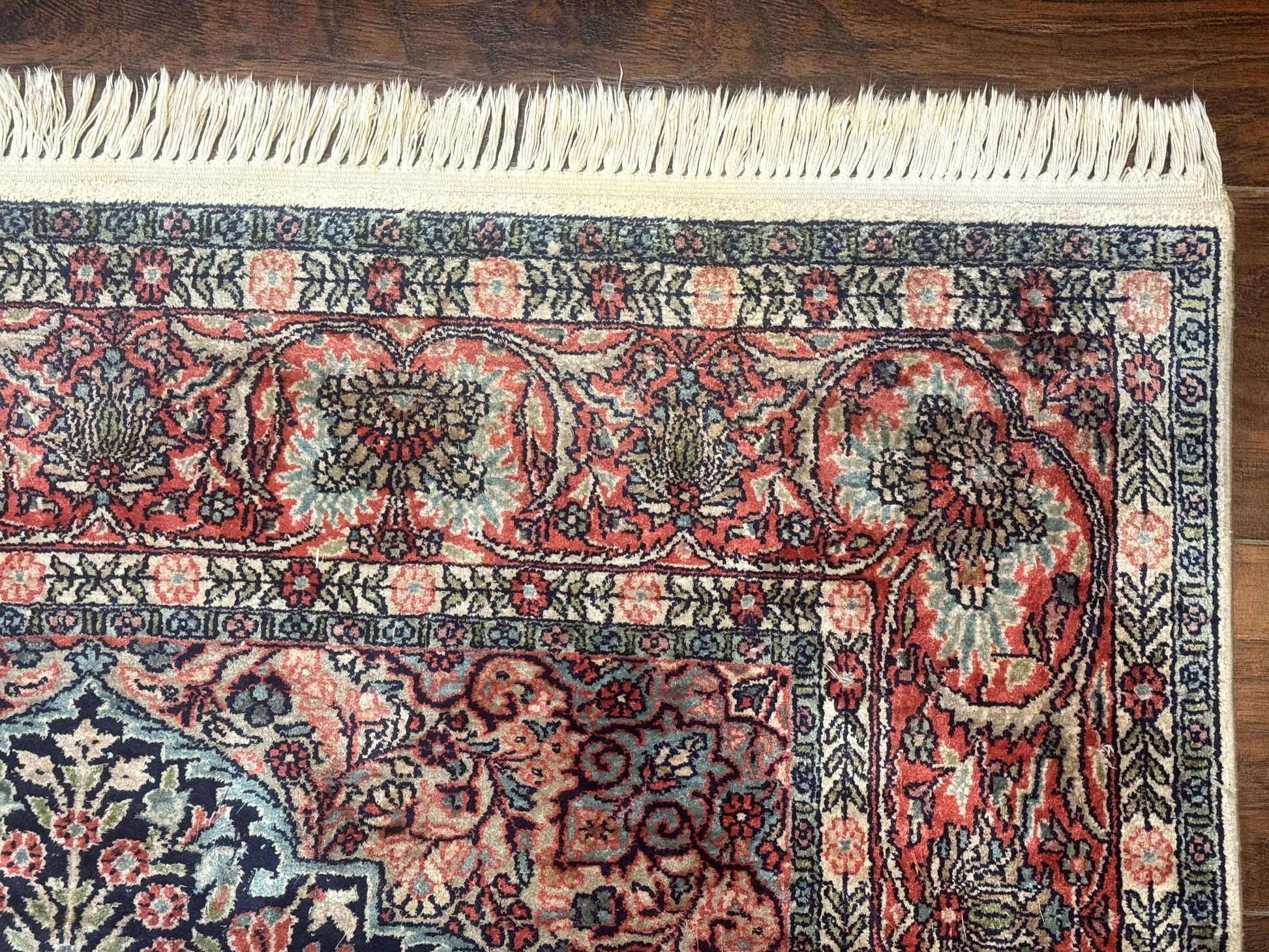 Silk Indian Kashmiri Rug 4x6, Tree of Life Pattern, Birds, Fine 290 KPSI, Navy Blue and Red, Handmade Oriental Carpet - Nuvé