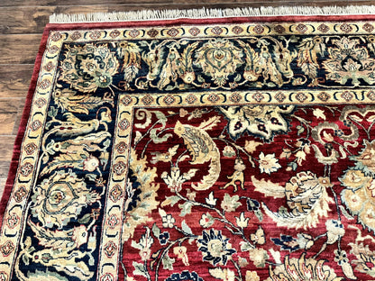 Indo Persian Rug 10x14, Indian Agra Carpet, Vintage Handmade Wool Large Traditional Rug, Dark Red Navy Blue Beige - Nuvé