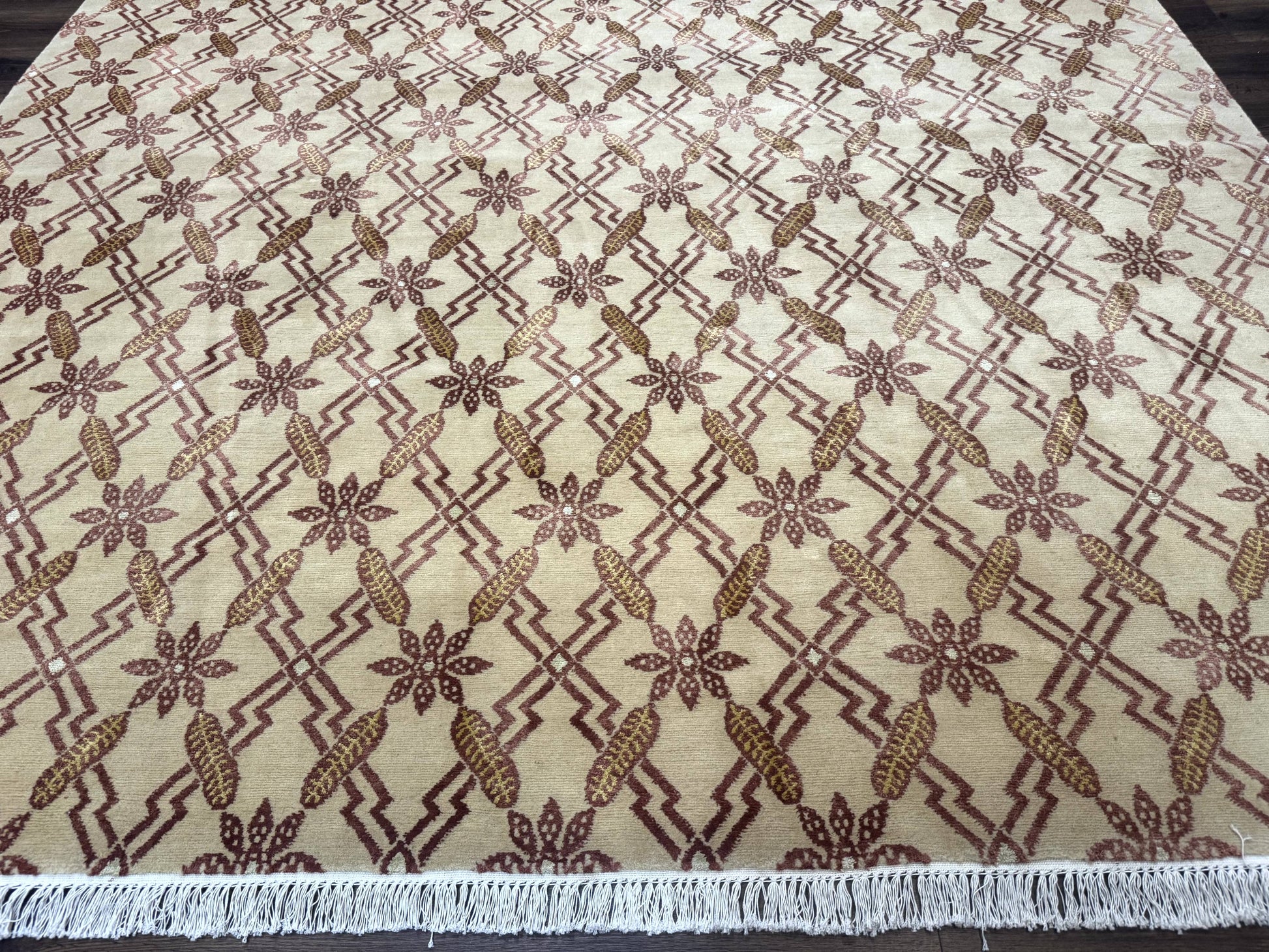 Tibetan Rug 8x10, Wool with Silk Highlights, Beige and Maroon, Contemporary Carpet - Nuvé